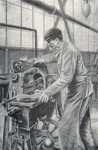Skärning av gevärskolvar i en vapenfabrik Gravyr från Pierre Calmettes privata samling