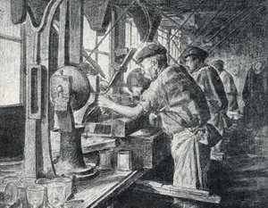 Skärningsverkstad vid kristallglastillverkningen i Sevres nära Paris Gravyr från "Excursion a travers les metiers" av Pierre Calmette Private Collection