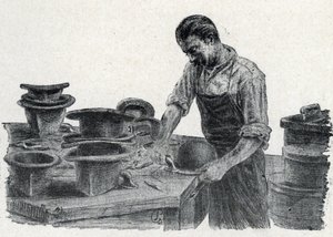 Hattmakare: överbryggning av kanterna på en bowlerhatt (gör en bowlerhatt) Gravyr från "Excursion through the trades" av Pierre Calmette Private Collection
