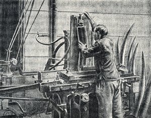 Elfenbenshantverkare som skär elefantbetar Gravyr från "Excursion a travers les metiers" av Pierre Calmette Private Collection