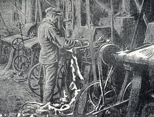 Läderindustri: mekanisk klippning av pälsar Gravyr från "Excursion a travers les metiers" av Pierre Calmette Privat samling