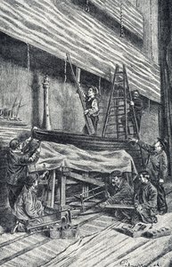 Fastighetsmästare: sätta upp scenografier före föreställningen Gravyr från "Excursion a travers les metiers" av Pierre Calmette Private Collection