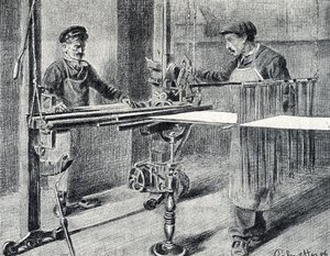 Sidenverkstad: förberedelse av kedjan vid mappen (Sidenarbete) Gravyr från "Excursion through the metiers" av Pierre Calmette Private Collection