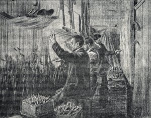 Gobeläng av Aubusson: tapetserarna arbetar upp och ner Gravyr från "Excursion a travers les metiers" av Pierre Calmette Collection privee