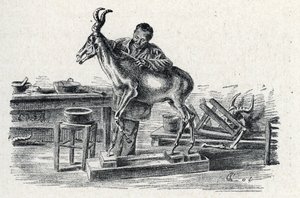 Taxidermi: En taxidermist stoppade hartebeest i sin verkstad Gravering från Excursion a travers les metiers” av Pierre Calmette Collection privee