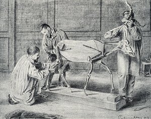 Taxidermi: taxidermister förbereder det konstgjorda skelettet i verkstaden Gravyr från "Excursion a travers les metiers" av Pierre Calmette Collection privee
