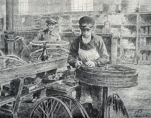 Arbetare som fäster ekrarna på fälgarna på en cykel under dess tillverkning (tillverkning av cyklar) Gravyr från Pierre Calmettes privata samling av Pierre Calmettes