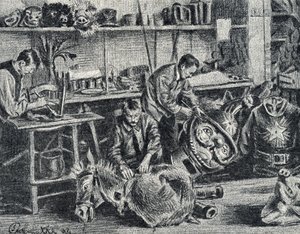 Workshop av teater och visar tillbehör produktion Gravering från Pierre Calmette Private Collection av Pierre Calmettes