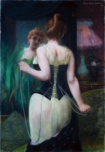 Ung kvinna justerar sin korsett - Ung kvinna justerar sin korsett - Målning av Pierre Carrier Belleuse (Carrier-Belleuse) (1851-1933)