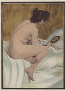 Uppvaknandet, kvinna med en spegel (färg litho)