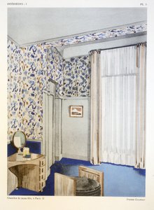 Ung flickas sovrum II, i Paris, illustration från "Interieurs" av Leon Moussinac, pub. Albert Levy