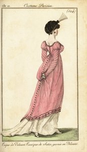 Kvinna i satin tunika klänning och sammet toque, Paris av Pierre Charles Baquoy