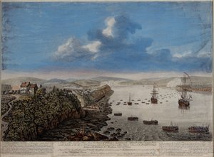 En vy av landningsplatsen ovanför staden Quebec som beskriver attacken...på Hauteurs DE Abraham 13 september 1759, ca 1760 av Pierre Charles Canot
