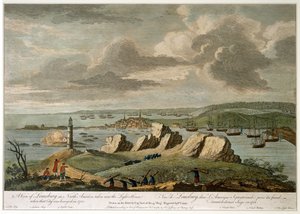 En vy över Louisburg i Nordamerika tagen nära Light House när den staden belägrades 1758 (linjegravyr, färgad)