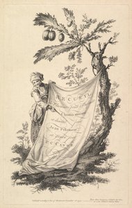 Titelsida: en leende man håller i ett hörn av ett tyg som är knutet till ett fikonträd och pekar med ett s..., 1759. av Pierre Charles Canot