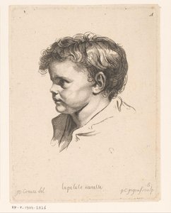 Huvudet av ett litet barn, vänt till vänster La petite Nanette (titel på objekt) Huvuden för olika figurer (serietitel) ir. Cahier de Têtes de différens Caracteres (serietitel) av Pierre Charles Ingouf