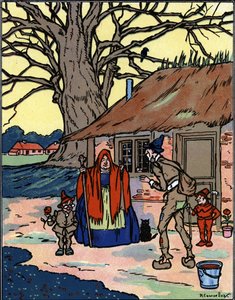 Flygningen av Picrochole som möter en gammal häxa Illustration av Pierre Couselles (död 1938) från "Gargantua" av Francois Rabelais av Pierre Courselles