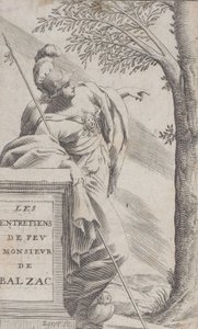 Frontispice, från Intervjuer med den sene herr Balzac Les Entretiens de Feu Monsieur d..., 1660.