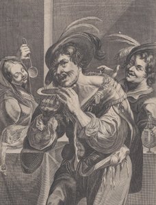 Man dricker soppa medan två personer tittar på honom, 1624-75.