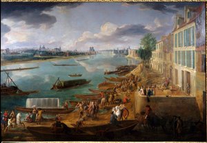 Utsikt över Paris, tagen från Quai de la Rapee 1716 Detalj av båtar på Seine och aktiviteter. Målning av Pierre Denis Martin (1663-1742) 1716 sön. 1,7x3,15 m Paris, Musee Carnavalet. av Pierre Denis Martin