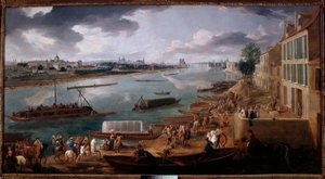 Utsikt över Paris, tagen från Quai de la Rapee 1716 Målning av Pierre Denis Martin (1663-1742) 1716 Sön. 1,7x3,15 m Paris, Musee Carnavalet