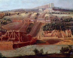 Vy över maskinen av Marlys akvedukt installerad i Bougival Akvedukten i Louveciennes (eller Marly) tillät att förse Versailles till Marlys slott med vatten. Detalj. Målning av Pierre Denis Martin (1663-1742) Sön. 1,15x1,65 m Versailles, musee du