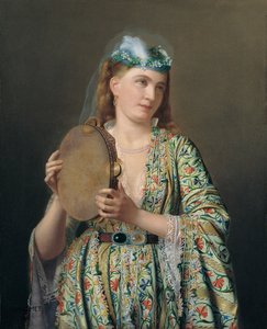 Porträtt av en dam vid hovet som spelar tamburin, andra hälften av 1800-talet.