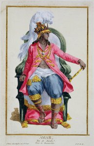 Amar, kung av Ouidah, från "Receuil des Estampes, representant les Rangs et les Dignites, suivant le Costume de toutes les Nations existantes", publicerad 1780 (handkolorerad gravyr)