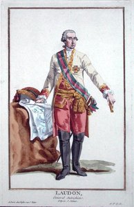 General Laudon (1717-90) från "Receuil des Estampes, Representant les Rangs et les Dignites, suivant le Costume de toutes les Nations existantes", publicerad 1780 (handkolorerad gravyr). av Pierre Duflos