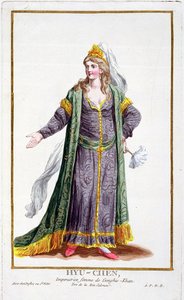 Hyu-Chen, hustru till Djingis Khan, från "Receuil des Estampes, representant les Rangs et les Dignites, suivant le Costume de toutes les Nations existantes", publicerad 1780 (handkolorerad gravyr).
