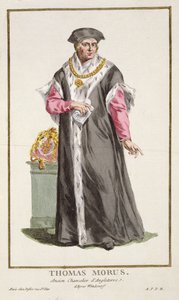 Sir Thomas More (1478-1535) från "Receuil des Estampes, representing the Ranks and the Dignites, enligt alla existerande nationers kostym", publicerad 1780 (handfärgad gravyr) av Pierre Duflos