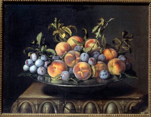Persikor och plommon i plåtfat Målning av Pierre Dupuis (1610-1682) 1600-talet sön. 0,48x0,61 m