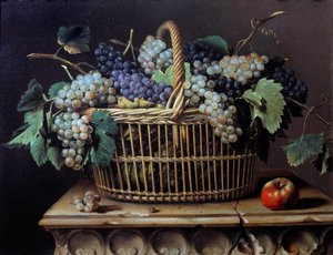 Stilleben av en klase druvor i en korg Målning av Pierre Dupuis