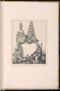 Kartusch med troféer, en staty och en pyramid