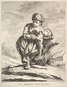Barn med en hund, som håller i en korg med druvor, från Premier Livre de Figures daprès les po..., 1757.