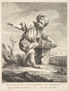 Frontispice med liten pojke som håller i en korg, från Premier Livre de Figures daprès les po..., 1757.