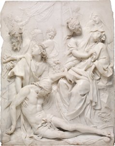 Jungfru Maria svimmar över Kristi döda kropp vid korsets fot, 1710. av Pierre Etienne Monnot