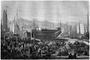 Boat des Fleurs, en restaurang och nöjesställe i hamnen i Shanghai 1860, Kina. Gravyr av Grandsire, i "" Le Tour du Monde, Nouveau journal des Voyages", redigerad av Edouard Charton, Paris
