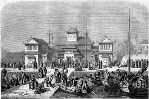 Tullvy i hamnen i Shanghai 1860, Kina. Gravyr av Grandsire, i "" Le Tour du Monde, Nouveau journal des Voyages", redigerad av Edouard Charton, Paris
