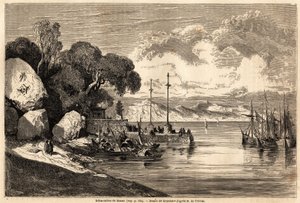 Barcadere de Macau, teckning av Grandsire för att illustrera resan till Kina och Japan, 1857-1858, av M. de Moge. Gravyr i "" Le tour du monde, nouveau journal des voyages"" Paris