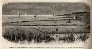 Lusandras saltvatten, i närheten av Trieste, förstört av venetianerna som såg det som en farlig rivalitet mot monopolet de utövade i Adriatiska havet, gravyr av E. Grandsire som illustrerar resan till Istrien och Dalmatien 1874 av Charles Yria