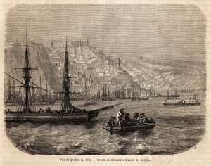 Vy över Quebec, teckning av Grandsire, för att illustrera resorna till Nordamerika 1854-1855, av L. Deville. Gravyr i ”” Le tour du monde”” 1861. Selvas samling.