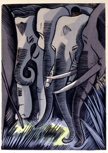 Mogli gömmer sig på elefanternas ryggar. Rudyard Kipling "Djungelboken" av Pierre Falke