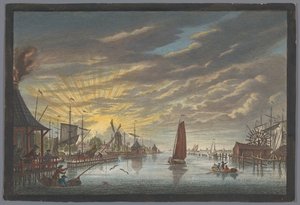 Utsikt över den gamla marinan i Amsterdam, sett mot fästet Leeuwenburg eller Blauwhoofd Utsikt vid den gamla marinan för att se 