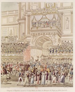 Kejsaren och kejsarinnan tar emot de franska truppernas hyllning från Tuileriernas balkong i samband med deras giftermål, graverad av Charles Pierre Joseph Normand (1765-1840) (färg).