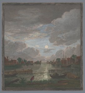 Vy över en kanal nära staden Haarlem i månsken Vûe du canal proche de Haerlem (titel på objekt) av Pierre François Basan