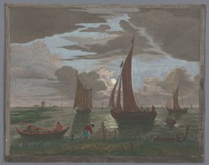 Utsikt över en kust med fartyg och båtar på vattnet i månsken 1er. Clair de lune (titel på objekt) av Pierre François Basan