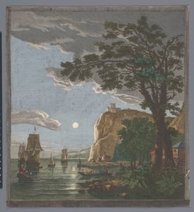 Utsikt över en kust med fartyg och båtar på vattnet i månsken La pleine lune (titel på objekt) av Pierre François Basan
