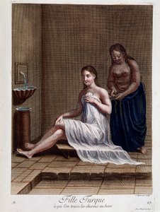 Turkisk flicka till vilken håret flätas i badet - i "" Samling av 100 tryck som representerar olika nationer i Levanten 1707 och 1708" på order av M. de Frriol, kungens ambassadör vid Porte och uppdaterad 1712-13 av M. Le Hays försorg,