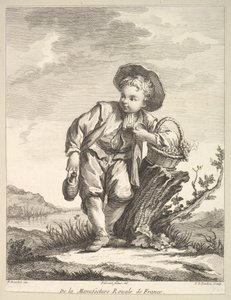 Liten pojke som håller en korg med druvor, från Second Book of Figures efter po..., efter 1757.